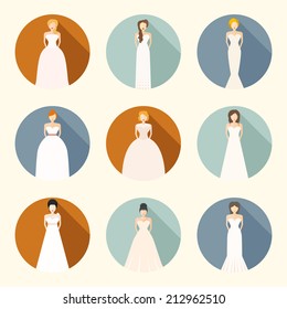 Brides in different styles of wedding dresses made in modern flat vector style. Choose your perfect wedding dress for your body type. Bridal vector.