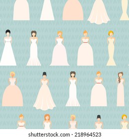 Brides in different styles of wedding dresses seamless pattern, Bridal background. Wedding texture.