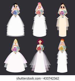 Brides with flowers in different dresses. 