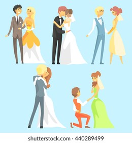 Brides And Grooms Couples Flat Cool Cartoon Style Vector Drawings Set