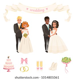 Brides in lush white dresses, grooms in classic black suits. Lovely couples. Wedding accessories bow, rings, champagne glasses, flowers, cake, shoes. Flat vector design