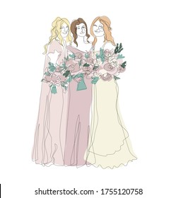 Brides maids with bouquets of pink flowers and bride in wedding dress vector graphics illustration wedding card design