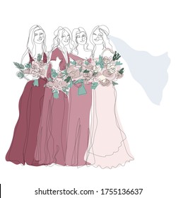 Brides maids in gradient dark red gowns   bride in wedding dress   veil and pink rose bouquets wedding invitation card vector design