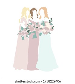Brides maids in long dresses and bride in beautiful wedding gown with rose bouquets wedding invitation card vector design