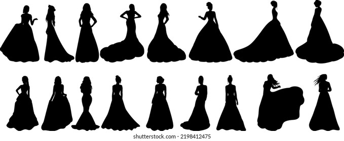 brides set, princesses silhouette isolated, vector