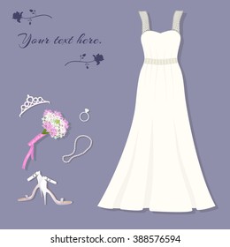 Bride's set. Wedding dress, tiara, ring, shoes, bouquet, necklace. Vector illustration.