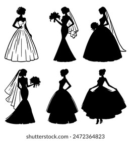 Silueta de las novias: Símbolo de Boda, Concepto de matrimonio, Ilustración vectorial plana