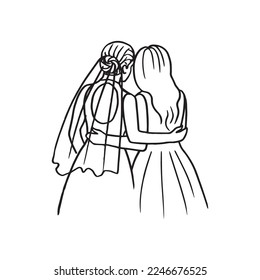 brides stand side by side   back to the viewer at their wedding    hand drawn doodle drawing  lesbian wedding	