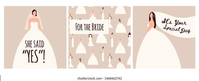 Brides in trendy wedding dresses standing in various poses. Fashion look.  Female faceless characters. Hand drawn colored vector set of three wedding illustrations. Flat design