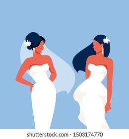 Brides in wedding dresses, template for invitations, cards. Vector fashion illustration