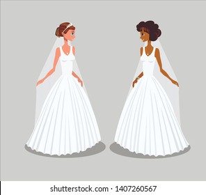 Brides in Wedding Dresses Vector Illustration. Models, Girlfriends in Gowns Cartoon Characters. European and Dark Skin Girls Flat Drawing. Two Weddings in one day Poster. Isolated Design Element