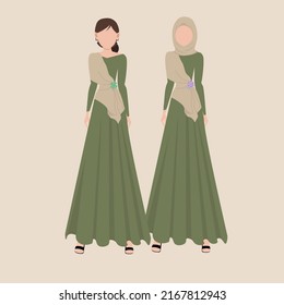 bridesmaid attire card template using two models one with hijab and one with not. Models wearing green dress and wrapped with almond color scarf beautifully accessorized with brooch 