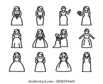 Bridesmaid and Bride Icon Set Featuring Wedding Dresses in Minimalist Line Art Style