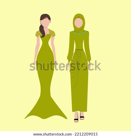 bridesmaid card attire guide with olive color dress hand drawn illustration with mermaid dress model and layered dress. Women's long mock up with bright olive color theme vector dress