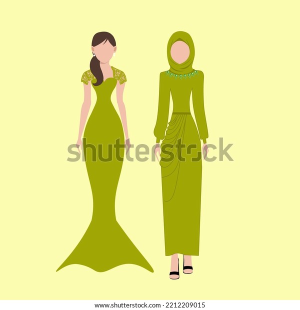 bridesmaid\
card attire guide with olive color dress hand drawn illustration\
with mermaid dress model and layered dress. Women\'s long mock up\
with bright olive color theme vector\
dress