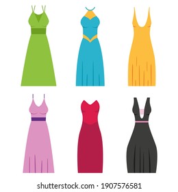 Bridesmaid dresses vector cartoon set isolated on a white background.
