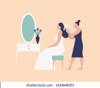 Bridesmaid, hairdresser or stylist combing bride's hair and making hairstyle. Wedding day morning bridal routine and preparation for ceremony and party. Flat cartoon colorful vector illustration.