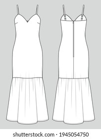 Bridesmaid maxi dress. Fishtail hem. Fashion sketch. Vector illustration. Flat technical drawing. Mockup template.