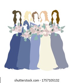 Bridesmaids in blue gowns   bride in wedding dress   veil and pink rose bouquets wedding invitation card vector design