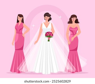 Damas de honra com noiva. Mulheres em vestidos cor-de-rosa perto de menina jovem com buquê. Casamento e cerimônia de casamento. Recém-casado e noiva. Ilustração de vetor plano isolada sobre plano de fundo rosa