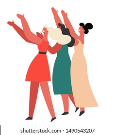 Bridesmaids catching brides bouquet isolated characters, wedding day ritual vector. Women in dresses standing in crowd with hands up, choosing next bride. Girlfriends on family event or party