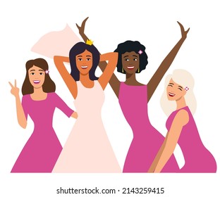 damas de honor. Una divertida despedida internacional de soltera. Chicas con vestidos rosas idénticos, felices y sonrientes. Ilustración del vector