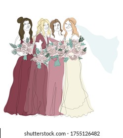 Bridesmaids in gradient burgundy gowns   bride in wedding dress   veil and pink rose bouquets wedding invitation card vector design