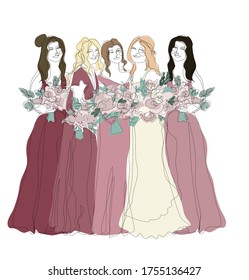 Bridesmaids in gradient burgundy gowns   bride in wedding dress   veil and pink rose bouquets wedding invitation card vector design