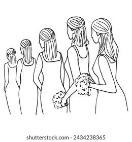 bridesmaids standing in a row looking in one direction with bouquets in their hands - hand drawn linear wedding illustration