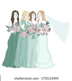 Bridesmaids in teal gowns and bouquets pink flowers   bride in wedding gown   veil vector graphics illustration wedding card design