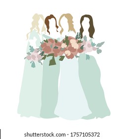 Bridesmaids in tile gowns and bride in wedding dress with pink red rose bouquets wedding invitation card vector design