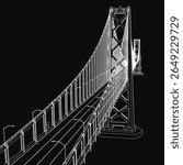 Bridge 3D model showcases towers and suspension cables in detailed blueprint style. Street lights illuminate the structure.