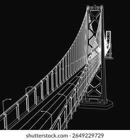 Bridge 3D model showcases towers and suspension cables in detailed blueprint style. Street lights illuminate the structure.