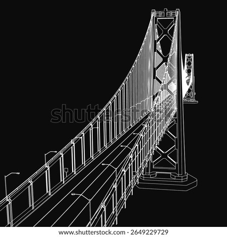 Bridge 3D model showcases towers and suspension cables in detailed blueprint style. Street lights illuminate the structure.