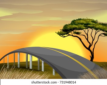 Bridge across the field at sunset illustration