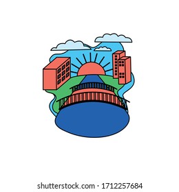 bridge against the backdrop of the cityscape. cartoon style logo