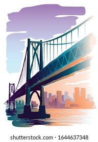 The bridge against the background of the silhouette of the city. City landscape. Vector illustration.