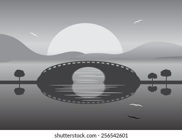  The bridge against the moon and mountains