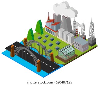 Puente a lo largo de la estación de energía en ilustración de diseño 3D