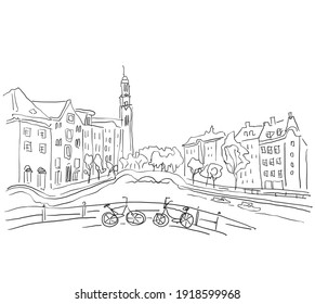 Bridge In Amsterdam, Holland, Netherlands Europe. Dutch Traditional Historical Buildings. Typical Dutch Houses And Bicycles. Hand Drawing. Travel Sketch. Book Illustration, Artistic Postcard, Poster