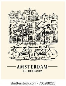 Bridge in Amsterdam, Holland, Netherlands Europe. Hand drawing. Travel sketch. Book illustration, postcard, poster in vector