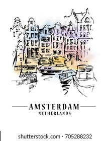 Bridge in Amsterdam, Holland, Netherlands Europe. Hand drawing. Travel sketch. Book illustration, postcard, poster in vector