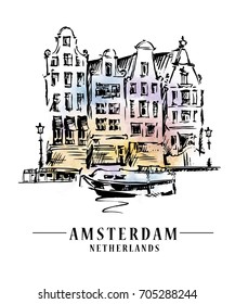 Bridge in Amsterdam, Holland, Netherlands Europe. Hand drawing. Travel sketch. Book illustration, postcard, poster in vector