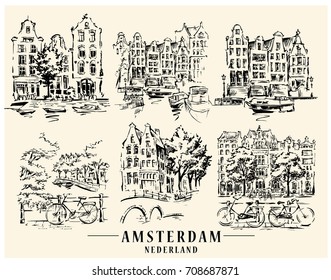 Bridge in Amsterdam, Holland, Netherlands Europe. Hand drawing. Travel sketch. Book illustration, postcard, poster in vector