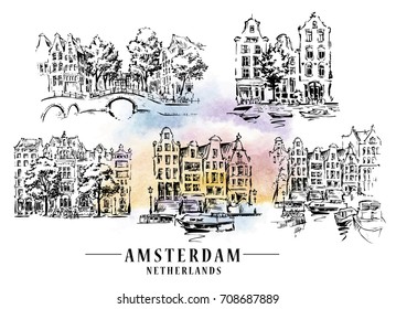 Bridge in Amsterdam, Holland, Netherlands Europe. Hand drawing. Travel sketch. Book illustration, postcard, poster in vector