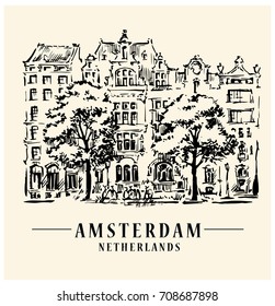 Bridge in Amsterdam, Holland, Netherlands Europe. Hand drawing. Travel sketch. Book illustration, postcard, poster in vector