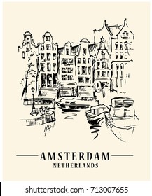 Bridge in Amsterdam, Holland, Netherlands Europe. Hand drawing. Travel sketch. Book illustration, postcard, poster in vector