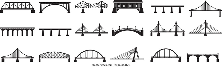 Bridge architectural structures vector collection suspension arch truss bridge silhouettes set civil engineering graphic elements layout on white background, bridge, structure, architecture, suspension, arch, truss, silhouette, engineering