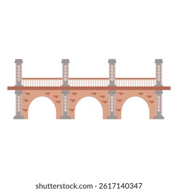 Bridge architecture in flat design. Viaduct construction with arch columns. Vector illustration isolated.