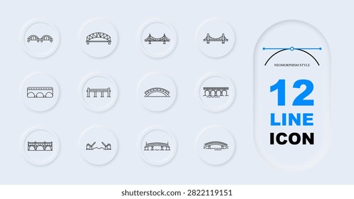 Bridge architecture set icon. Suspension crossing, arched viaduct, riverside overpass, drawbridge construction, transportation landmark, engineering infrastructure collection
